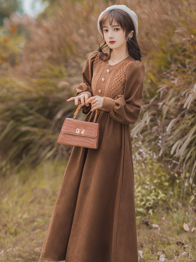 レトロ色のフレンチガーリー パフフリーブワンピース