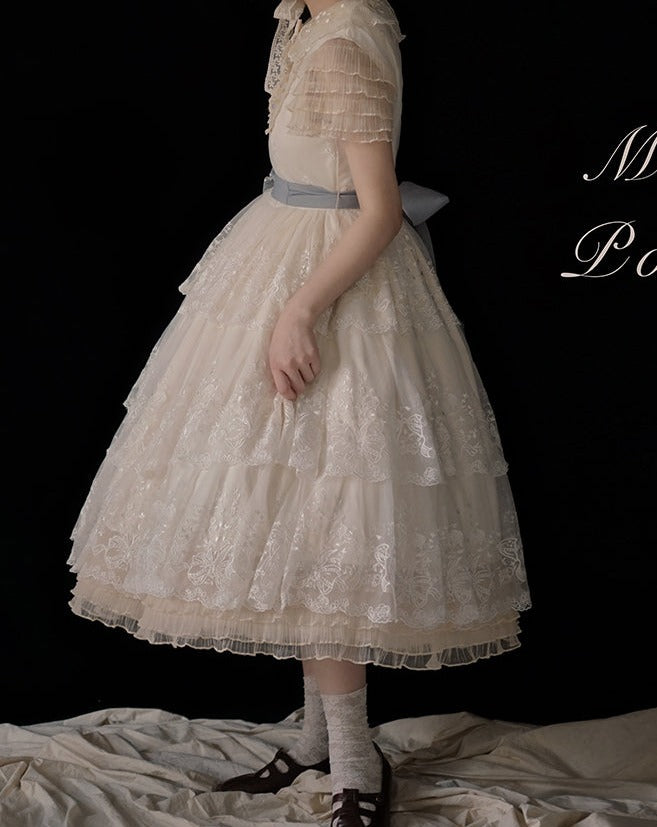 [Pre-order] Lily of the Valley Flower Embroidered Three-Tier Lace Dress (Mid-Length)