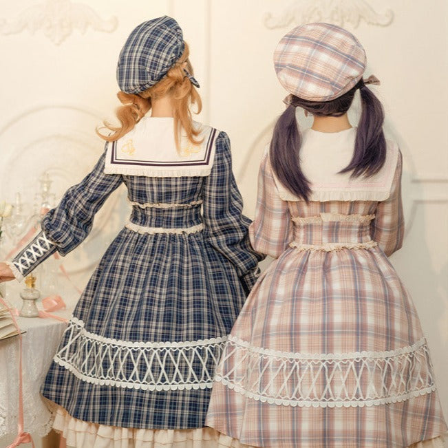 Schoolgirl in Paris Checked sailor collar dress and beret
