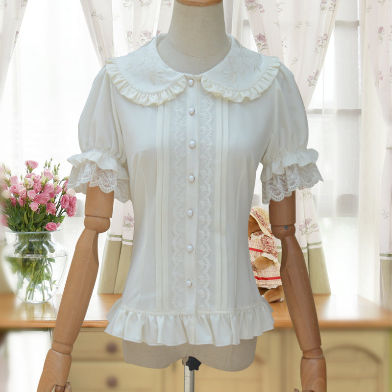 Embroidered Collar Lolita Short Sleeve Blouse with Ruffles and Lace