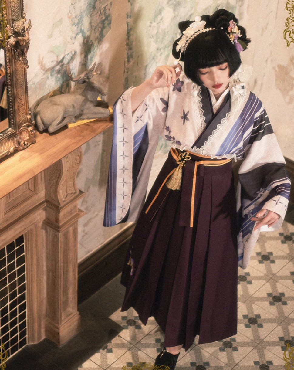 Camellia flower embroidery and butterfly hakama skirt