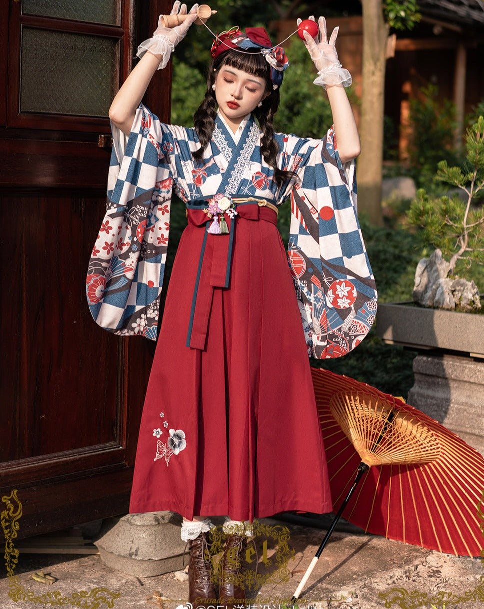 Camellia flower embroidery and butterfly hakama skirt