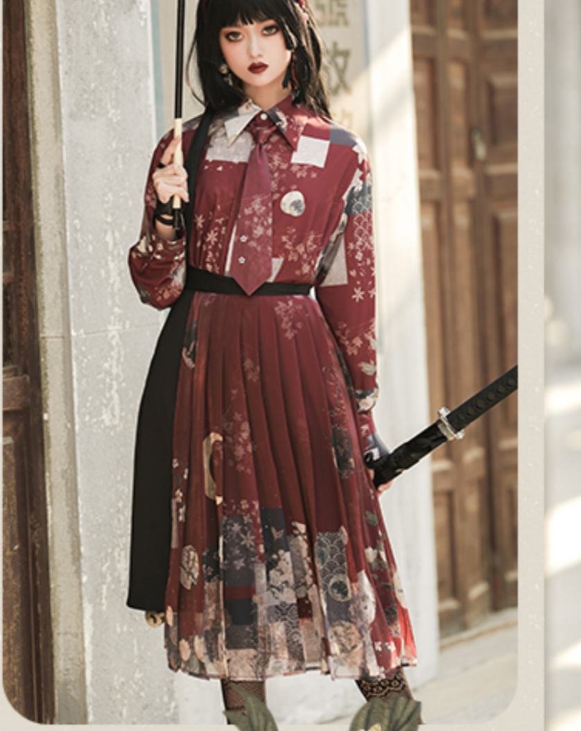 Moonlight flower Japanese style print pleated skirt Japanese loli