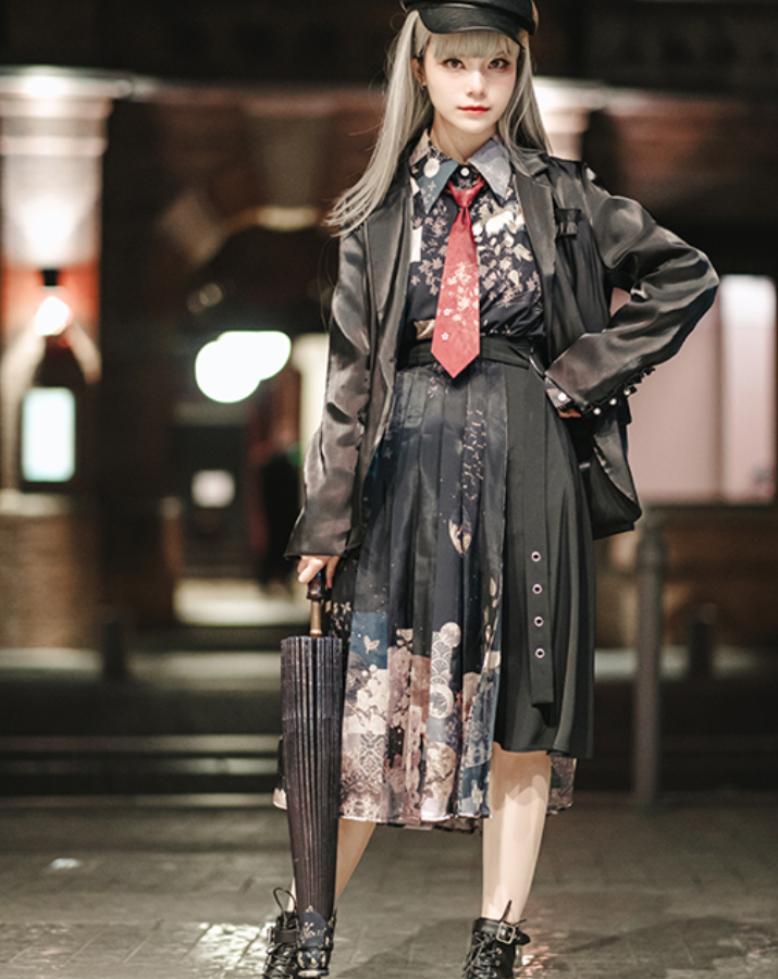Moonlight flower Japanese style print pleated skirt Japanese loli